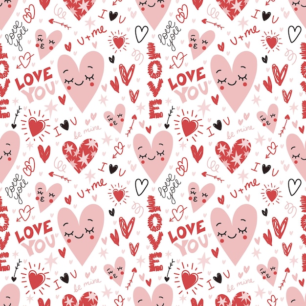 Hand drawn romantic seamless pattern with hearts stars arrows and love letters