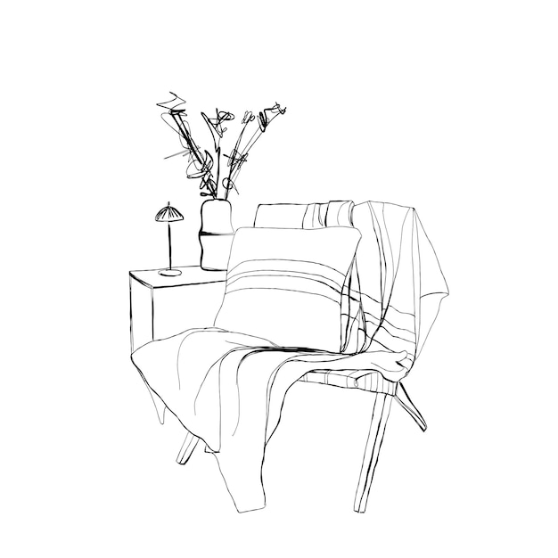 Hand drawn room interior Reading place sketch Chair and plaid