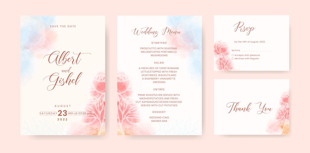 Hand drawn rose flower on splash background wedding card template