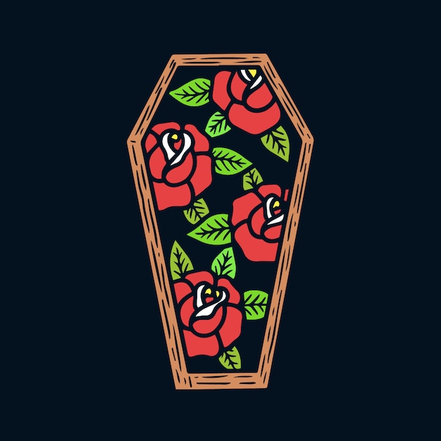 Hand drawn roses on coffin frame old school tattoo illustration