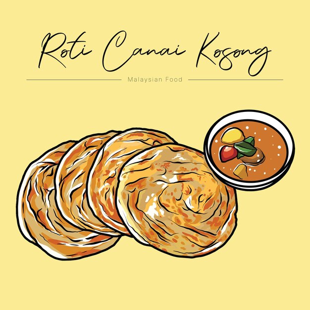 Vector hand drawn roti canai with curry illustration