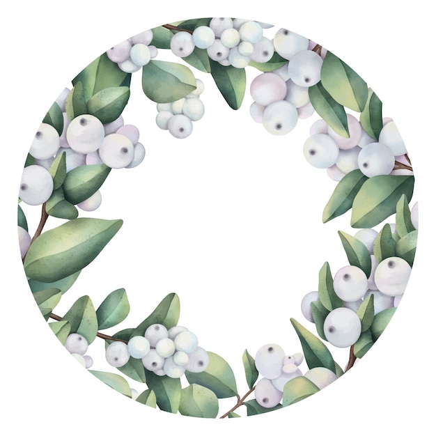 Hand drawn round frame of watercolor snowberry branches Watercolor illustration wreath of snowberry