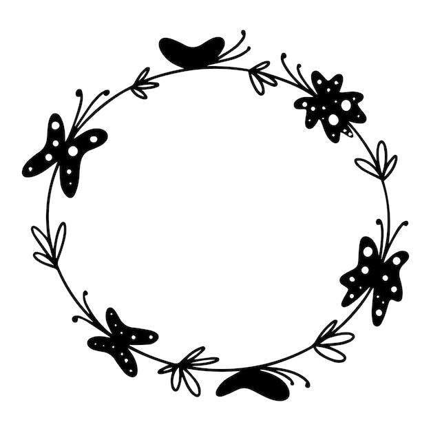 Hand drawn round frame with flowers and butterflies on a white background