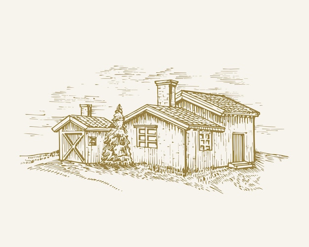 Hand drawn rural buildings landscape vector illustration farm with barns and pine tree sketch villag...