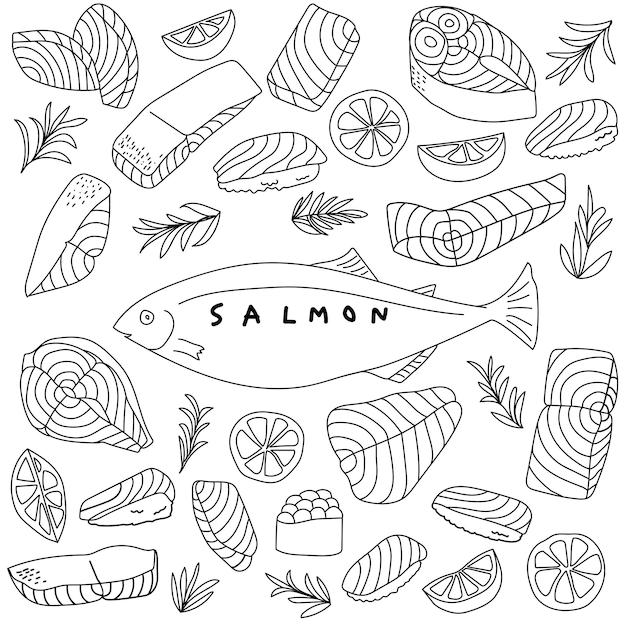 Hand drawn salmon fish with sashimi and lemon fruit in doodle art style on white background