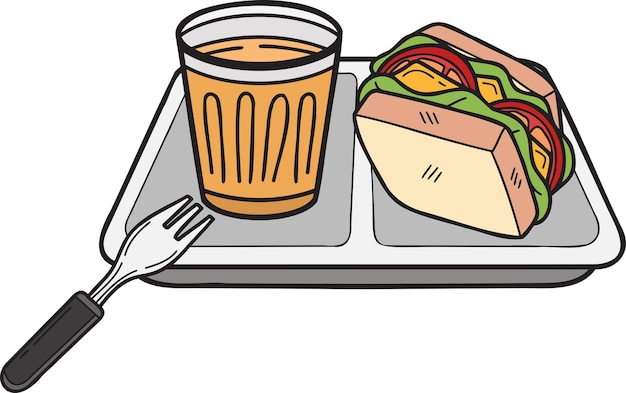 Hand Drawn Sandwich and coffee on plate illustration in doodle style