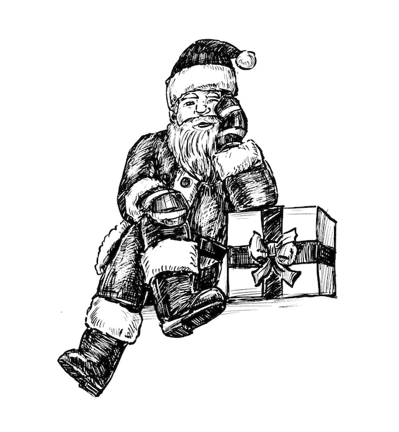 Vector hand drawn santa claus with gifts