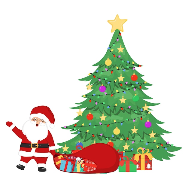 Hand drawn Santa Claus with sack and gifts boxes. Christmas tree, stars, ornaments and garlands. Vector doodle sketch illustration isolated on white background.