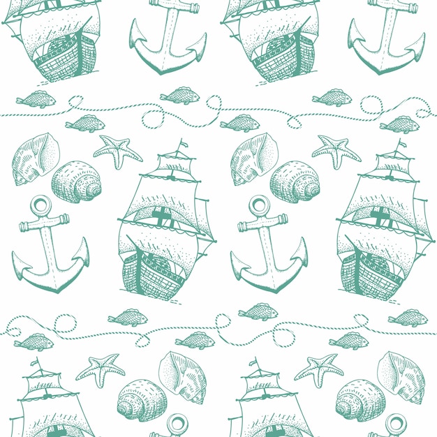 hand drawn saylor seamless pattern with ship