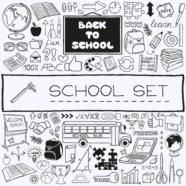 Hand drawn school icons set