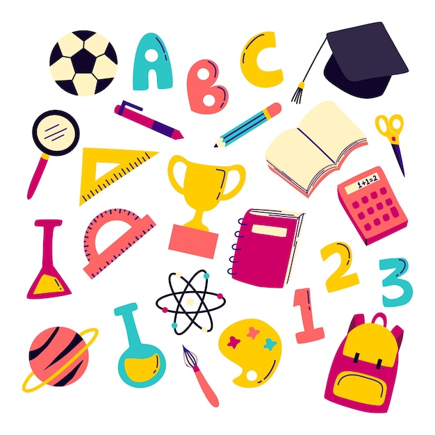 hand drawn school supplies colourful collection Vector