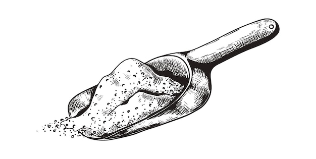 Hand drawn scoop Shovel scooping up sand or sugar Monochrome measuring spoon full of bulk products Wooden or plastic instrument Vector black and white illustration with hatching