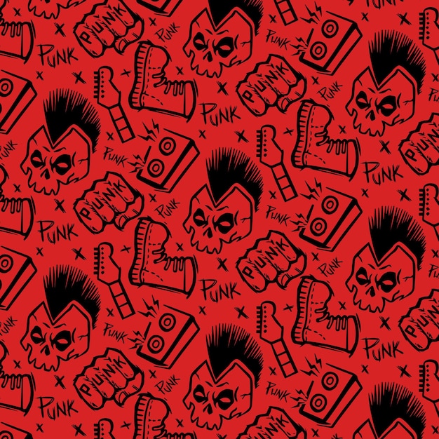 Hand drawn scream punk rock skull head seamless pattern illustration