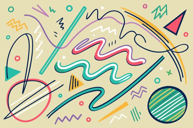 Vector hand drawn scribbled lines with various colorful shapes background