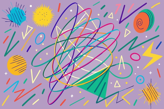 Vector hand drawn scribbled lines with various colorful shapes background