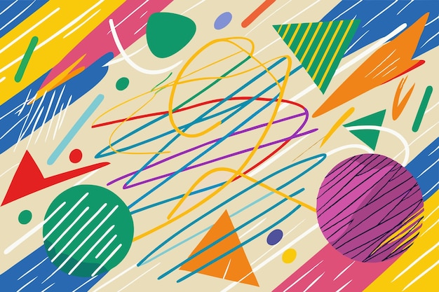 Vector hand drawn scribbled lines with various colorful shapes background