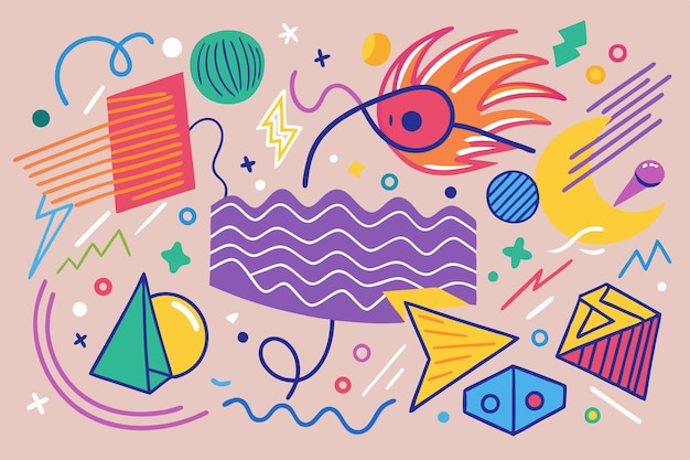 Vector hand drawn scribbled lines with various colorful shapes background