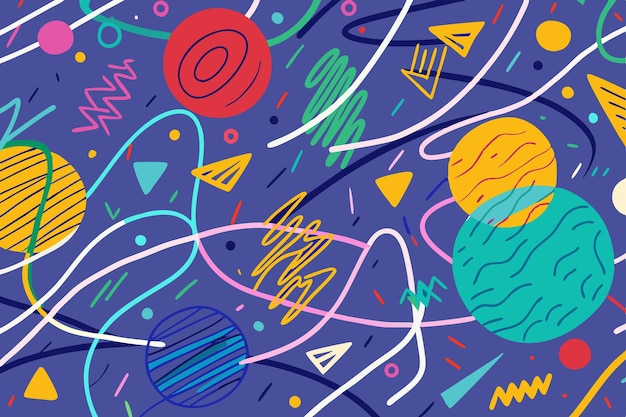 Vector hand drawn scribbled lines with various colorful shapes background