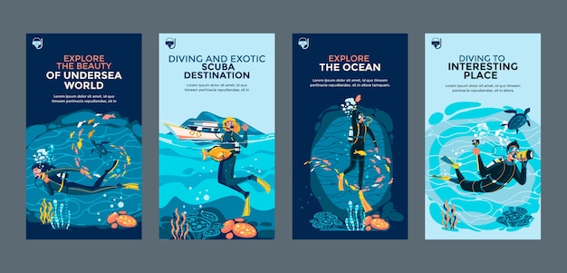 Hand drawn scuba diving instagram stories set