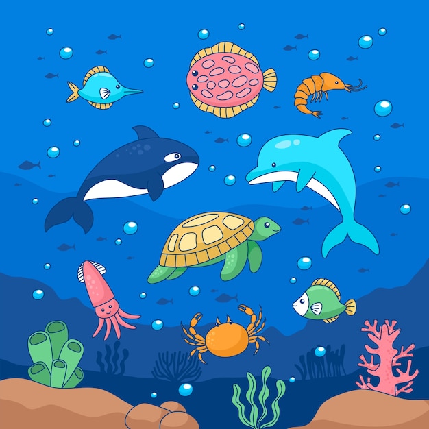 Vector hand drawn sea animals illustration