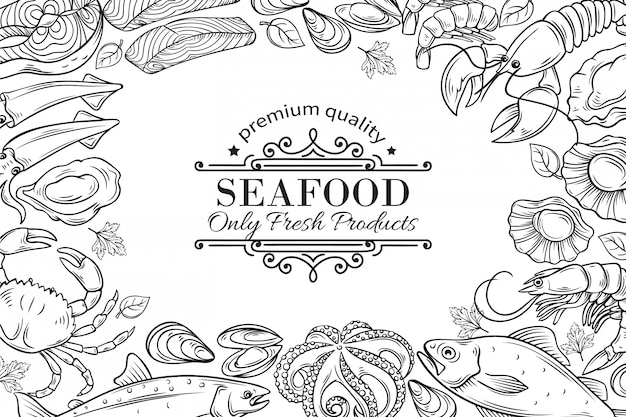  hand drawn seafood restaurant menu illustration.