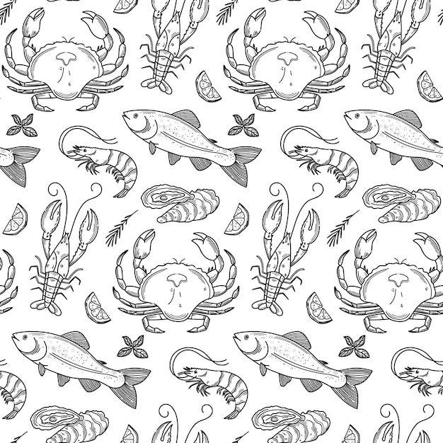 Hand drawn seafood seamless pattern Decorative doodle background