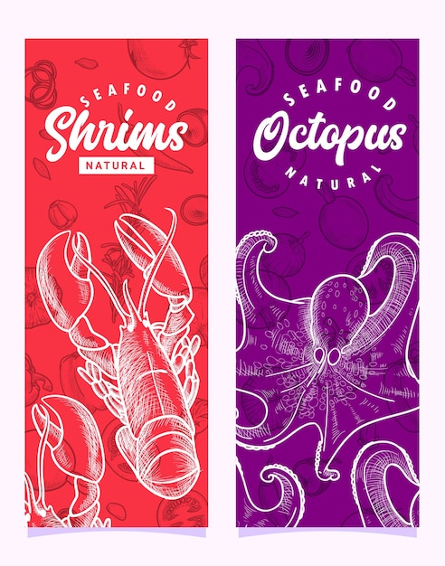 Vector hand drawn seafood shrimps lobster and octopus illustration banner template