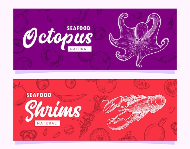 Hand drawn Seafood Shrimps Lobster and Octopus Illustration Banner Template  