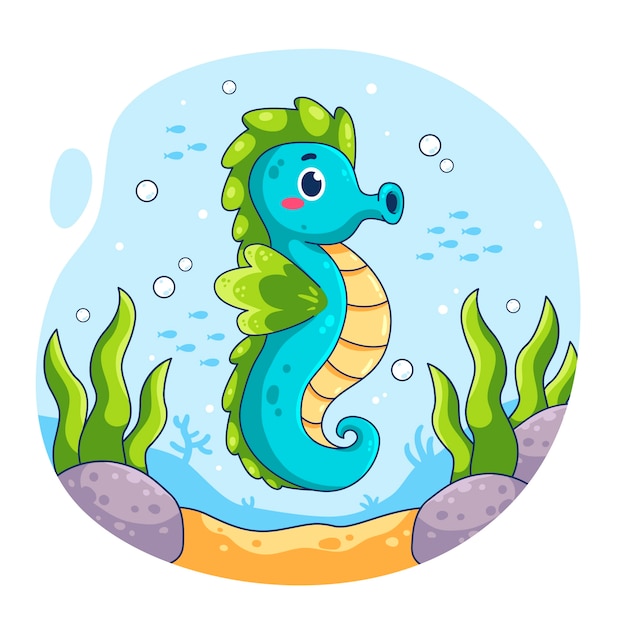 Hand drawn seahorse cartoon illustration