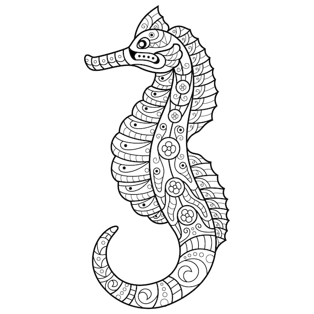 Hand drawn of seahorse in zentangle style