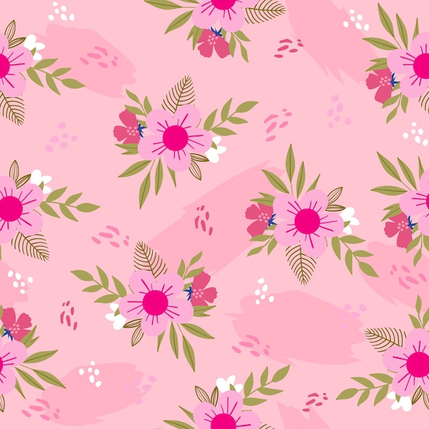 Hand drawn seamless floral pattern colorful flowers pink background