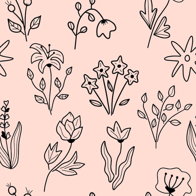 Hand drawn seamless floral pattern. Line art illustration