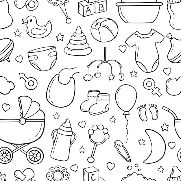 Hand drawn seamless pattern of baby doodle.