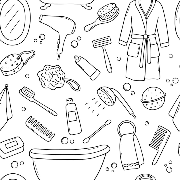 Hand drawn seamless pattern of Bathroom doodle Towel bathrobe shower bathtub mirror in sketch style