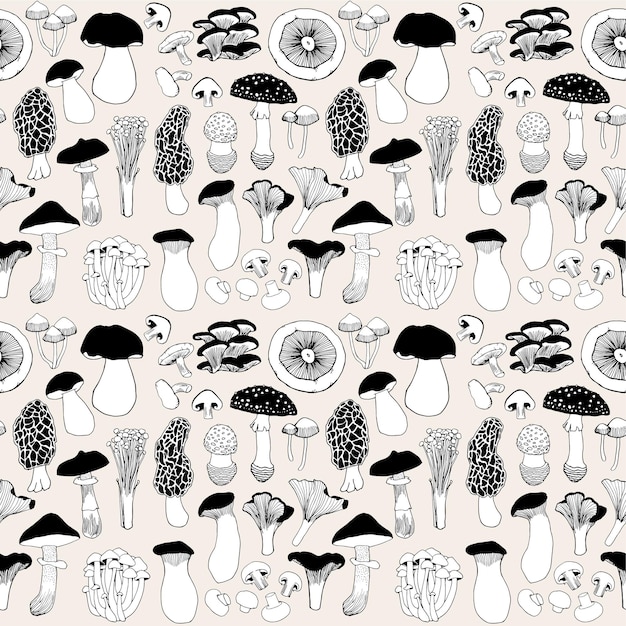 Hand drawn seamless pattern of black and white mushroom and toadstools