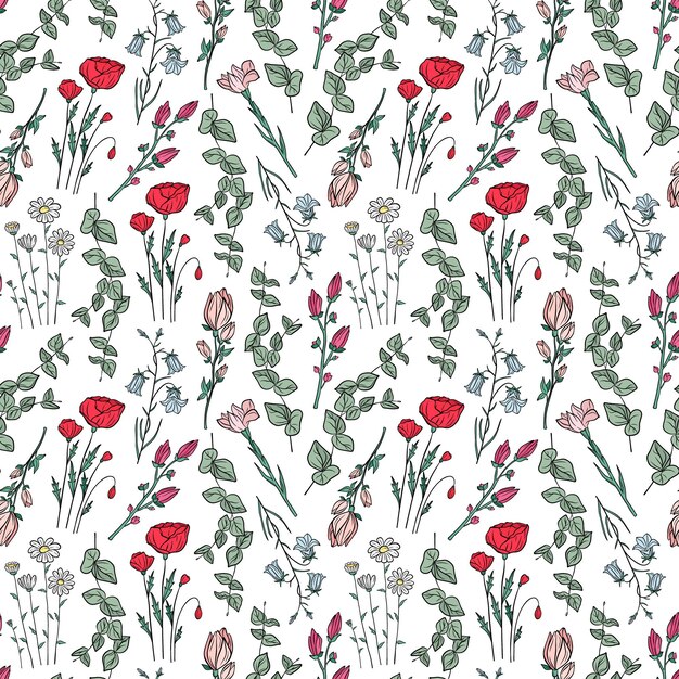 Vector hand drawn seamless pattern of blooming magnolia iris poppy flower eucalyptus canterbury bell daisy floral collection on white background decorative illustration for wallpaper wrapping paper