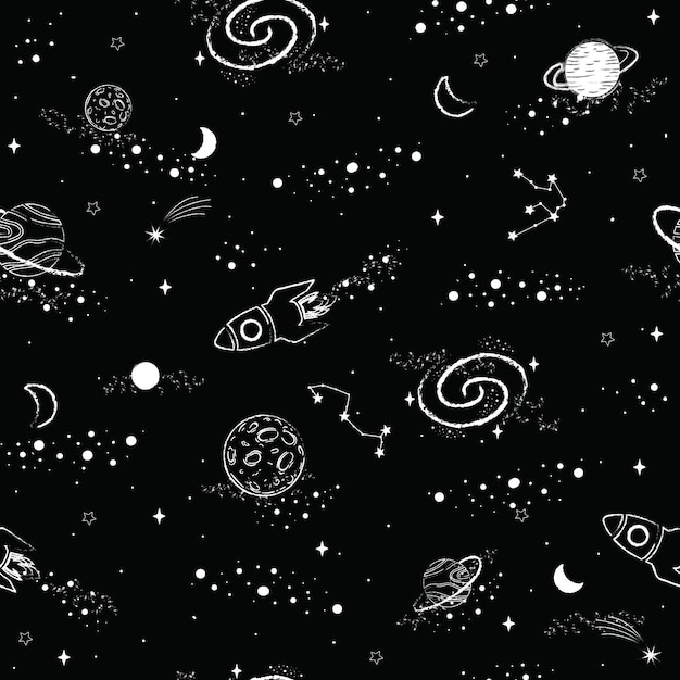 Hand drawn seamless pattern constellations planet and star sky Zodiac signs Vector illustration