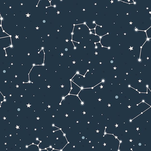 Hand drawn seamless pattern constellations, planet and star sky. Zodiac signs. Vector illustration,