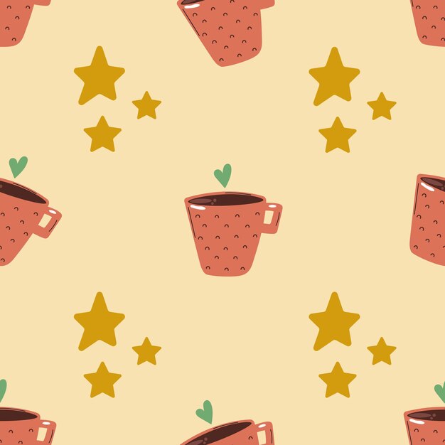 Hand drawn seamless pattern of cup of tea or coffee with golden stars