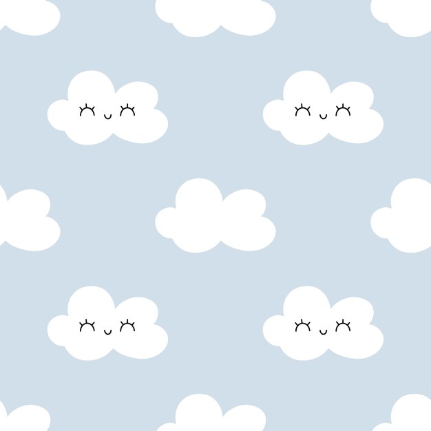 Vector hand drawn seamless pattern of cute clouds on a blue background nursery print