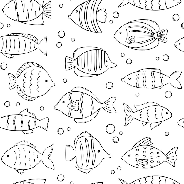 Hand drawn seamless pattern of cute sea fish doodle Underwater world in sketch style