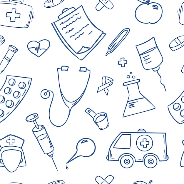 Hand drawn seamless pattern of daily necessities Medical and health care items Vector illustration