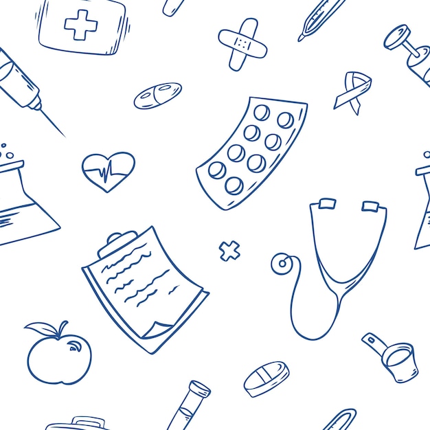 Hand drawn seamless pattern of daily necessities Medical and health care items