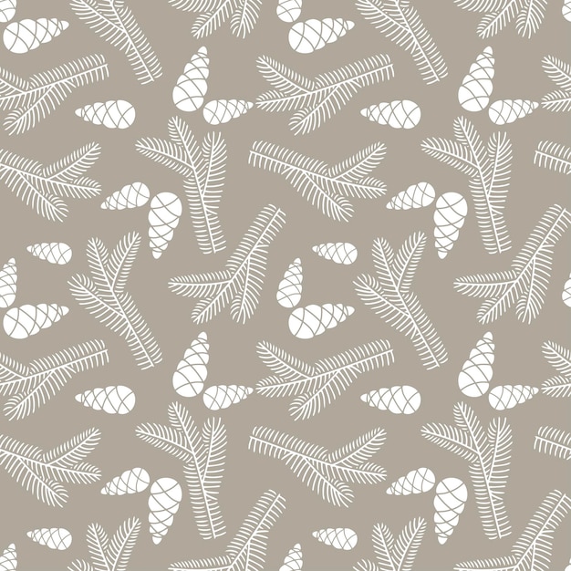 Hand drawn seamless pattern  doodle of fir tree branch with cones isolated on beige backgroun