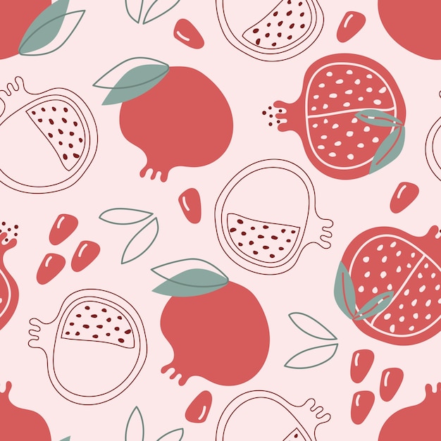 Hand drawn seamless pattern of garnet pomegranate on pink background