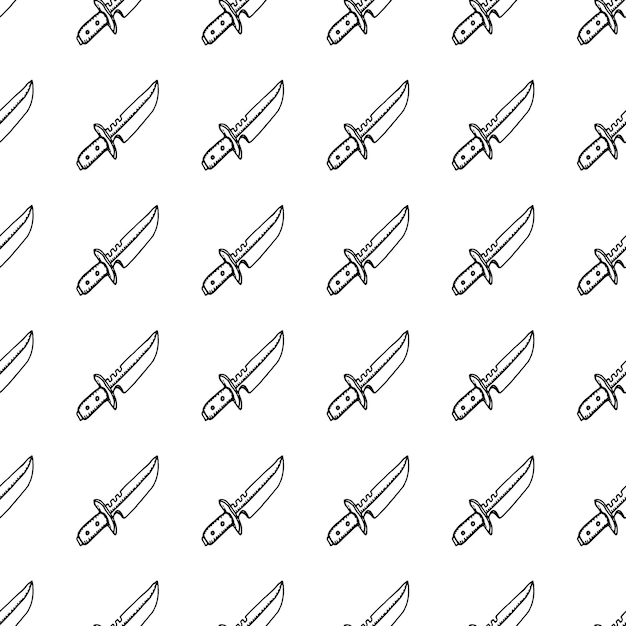 Hand Drawn seamless pattern knife doodle. Sketch style icon. Military decoration element. Isolated on white background. Flat design. Vector illustration.