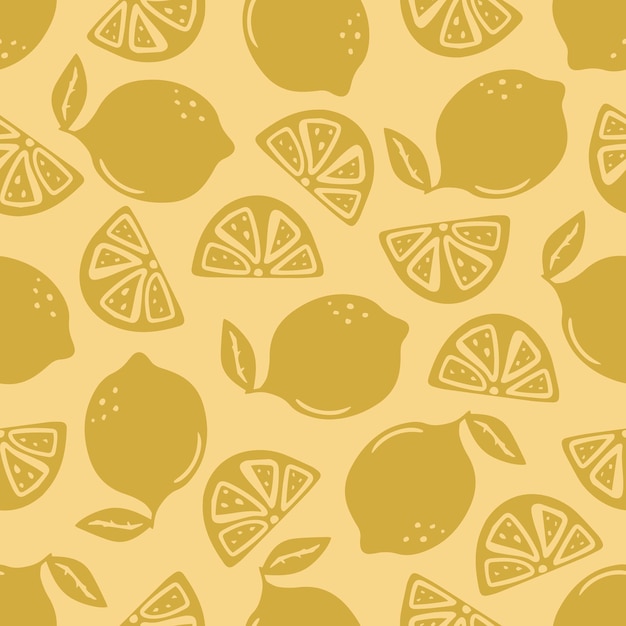 Hand drawn seamless pattern of lemon and slice of citrus fruit