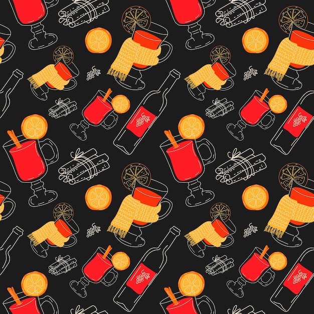 Hand drawn seamless pattern Mulled wine in different cups and a bottle of wine.Vector