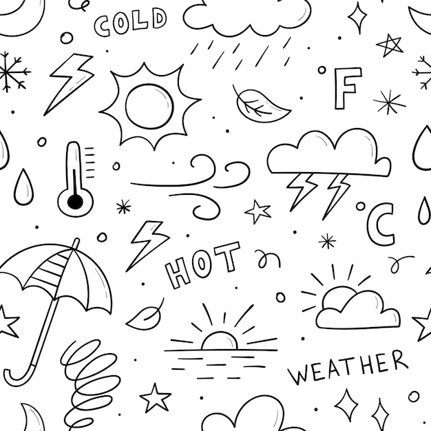 Hand drawn seamless pattern related weather theme sun clouds snowflakes wind rain moon lightning Doodle sketch Vector illustration for background design