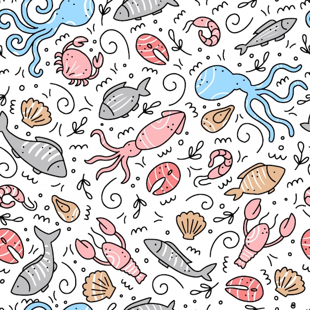 Hand drawn seamless pattern of seafood elements. Doodle style.